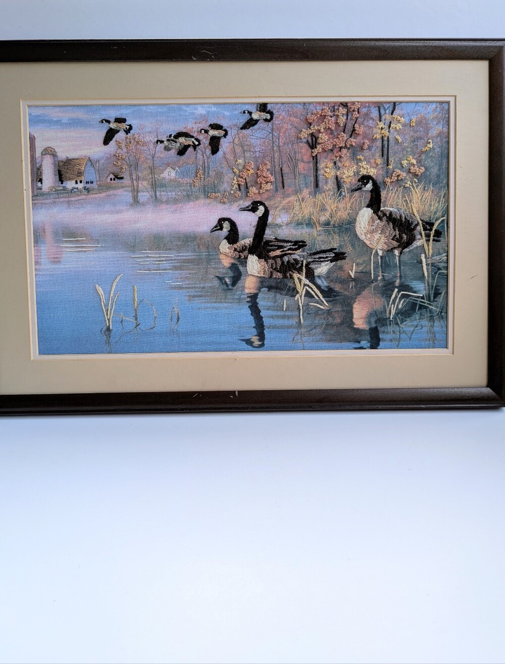 Vintage Canada Goose Crewel Embroidery Art Framed 25.5 X 17.25" Wall Decor Geese